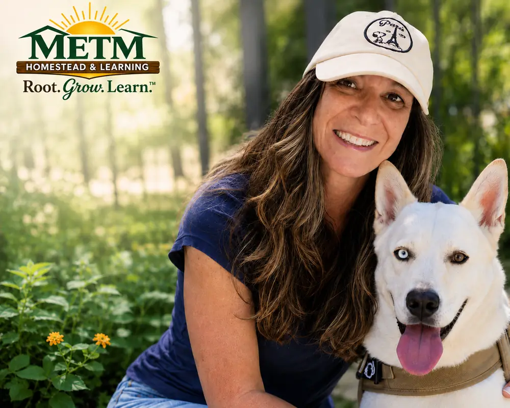 Melanie Kamburian, founder of MetM Homestead & Learning, in the garden with Rio, her rescued Husky-Shepherd mix