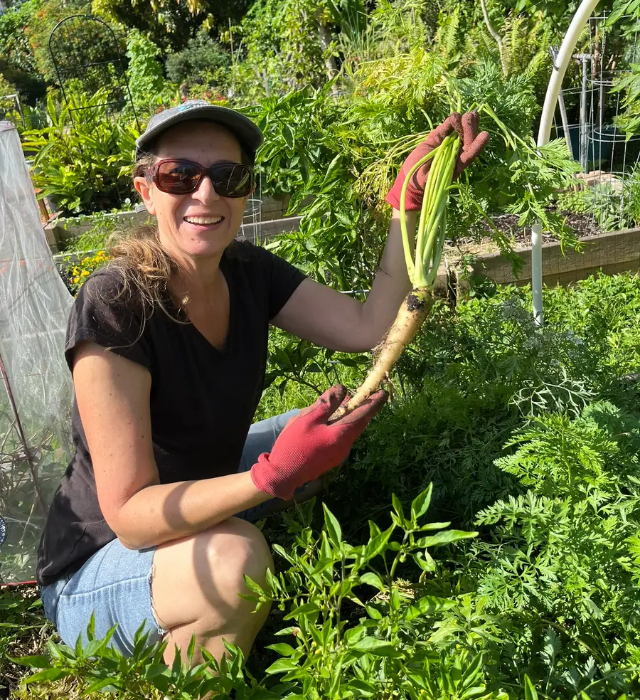 Melanie holding a freshly pulled white carrot grown in South Florida soil